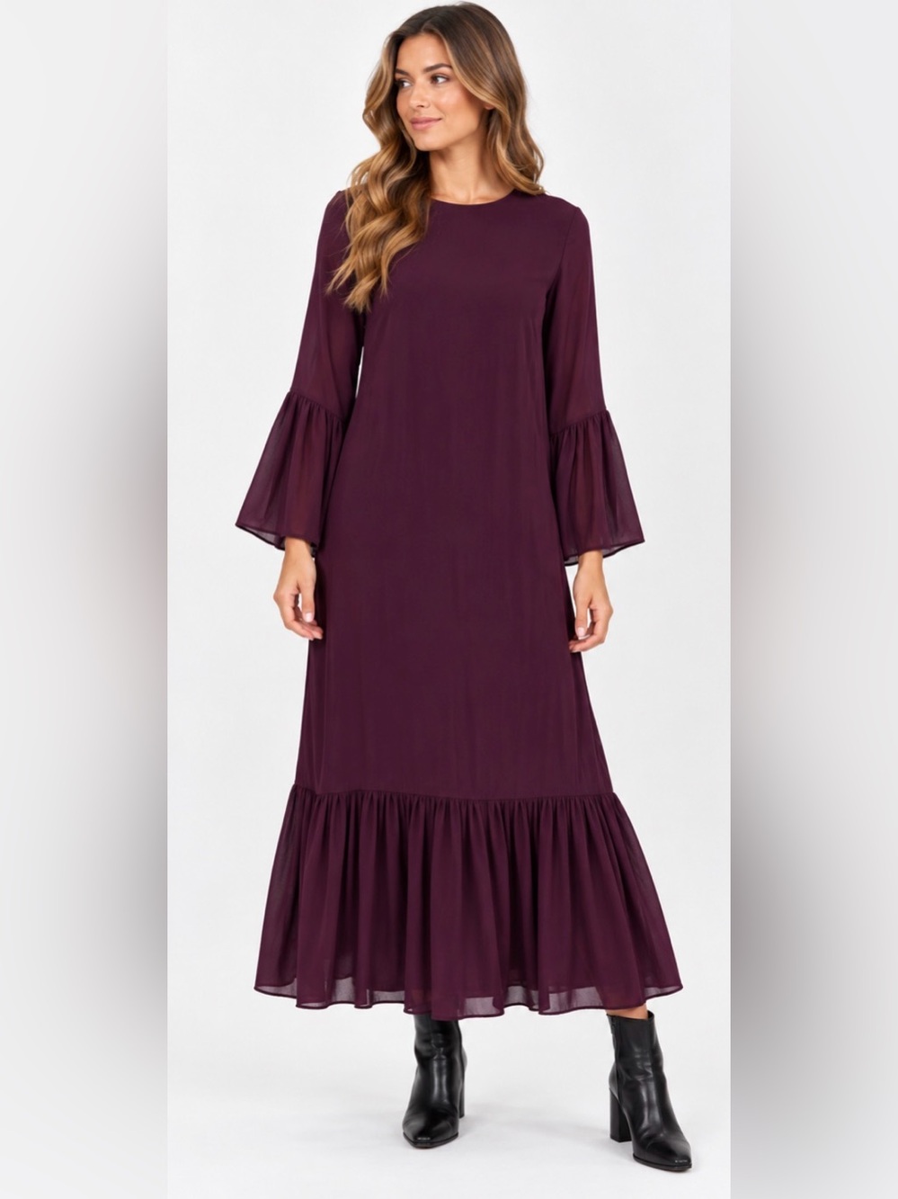 Appleline Plum Maxi Dress Bell Sleeve Tiered Hem Size 2